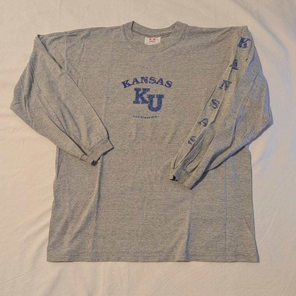 Vintage Kansas Jayhawks Long Sleeve T-Shirt Mens XL Gray Dodger Made in USA KU